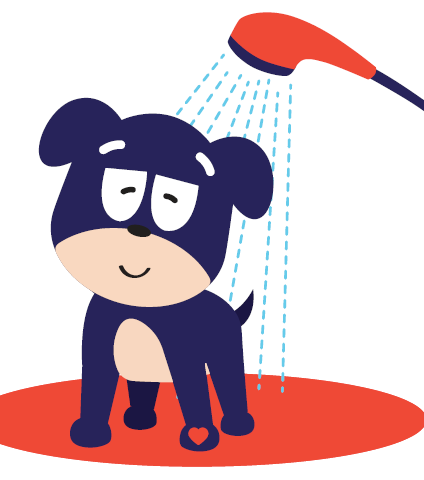 Goro the dog mascot enjoying a bath